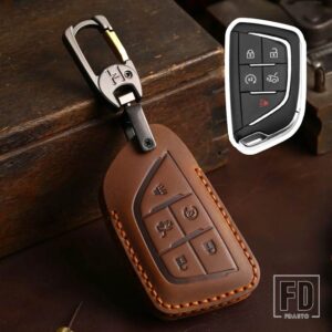 キャデラック 5ボタン革キー FOB ケースカバーキーホルダーアクセサリー CT5 CT4 CT6 XT5 XT6 XT4 LYRIQ エスカレード 2023 2022 2024 - Brown