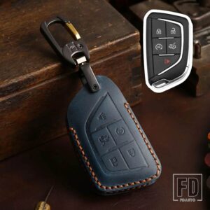 キャデラック 5ボタン革キー FOB ケースカバーキーホルダーアクセサリー CT5 CT4 CT6 XT5 XT6 XT4 LYRIQ エスカレード 2023 2022 2024 - Blue