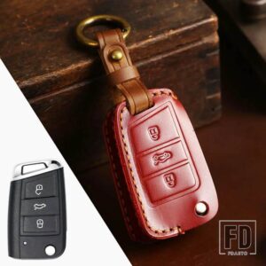 VW 革キーケースカバーシェルパサート B8 トゥーランイエティポロティグアンB5 GOLF7 ゴルフ 7 MK7 シュコダオクタヴィアシート - key B- red