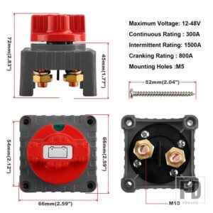 バッテリースイッチ 12V/24V 300AMP バッテリー切断スイッチノブスイッチ電源スイッチメインバッテリースイッチ真鍮銀メッキスタッド - Black