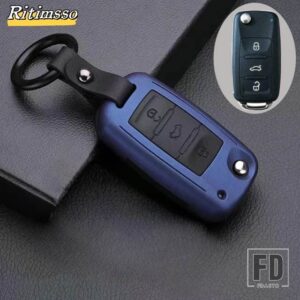 VW カーボンマット折りたたみキーケースフォルクワーゲンポロボラティグアンパサートゴルフ 6 LAVIDA シロッコ 3ボタンアクセサリー - Blue Black