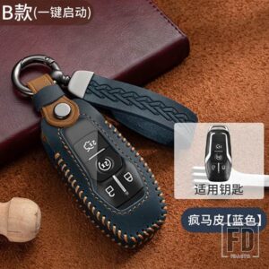 フォード トップレイヤーレザーキーフォブケースカバーフュージョンモンデオマスタングF-150エクスプローラーエッジ2015-18用 - Blue