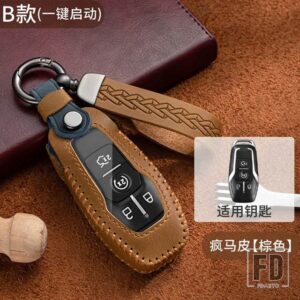フォード トップレイヤーレザーキーフォブケースカバーフュージョンモンデオマスタングF-150エクスプローラーエッジ2015-18用 - Brown