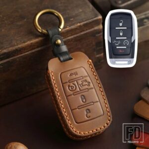 手作り革リモートキーカバーケースプロテクターダッジラム 1500 レブル 2500 3500 5500 2019 2020 ホルダーカーアクセサリー - 5 Buttons Brown