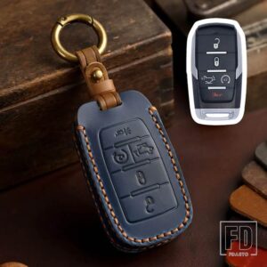 手作り革リモートキーカバーケースプロテクターダッジラム 1500 レブル 2500 3500 5500 2019 2020 ホルダーカーアクセサリー - 5 Buttons Blue