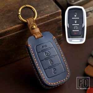 手作り革リモートキーカバーケースプロテクターダッジラム 1500 レブル 2500 3500 5500 2019 2020 ホルダーカーアクセサリー - 4 Buttons Blue