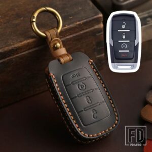 手作り革リモートキーカバーケースプロテクターダッジラム 1500 レブル 2500 3500 5500 2019 2020 ホルダーカーアクセサリー - 4 Buttons Black