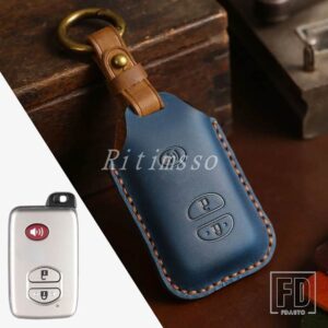 トヨタ レザーキーフォブカバー 2010-15 プリウスリモートケーススキン - 3 Btn Blue Key A