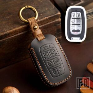 手作り革リモートキーカバーケースバッグ FOB シェルクライスラーパシフィカミニバン 2017 2018 2019 - 7 Buttons black