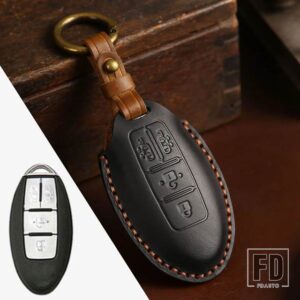 日産 本革キーケース クエスト MPV エルグランド NV200 エヴァリアセレナ 4ボタン リモート FOB スキンバッグキーホルダーキーカバー - Black