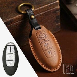 日産 本革キーケース クエスト MPV エルグランド NV200 エヴァリアセレナ 4ボタン リモート FOB スキンバッグキーホルダーキーカバー - Brown