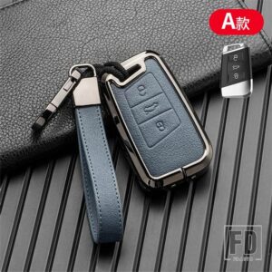 VW メタル + レザーキーケースカバーバッグフォルクスイーゲンパサート B8 MAGOTAN シュコダスーパーブ A7 コディアックシートシェル FOB - Grey Blue