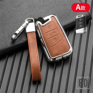 VW メタル + レザーキーケースカバーバッグフォルクスイーゲンパサート B8 MAGOTAN シュコダスーパーブ A7 コディアックシートシェル FOB - Silver Brown