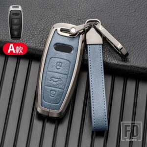 アウディ 合金 + レザーキーケースカバー A6 C8 A7 A8 Q8 2018 2019 インテリアアクセサリーキーリングキーホルダー - Grey Blue