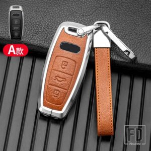 アウディ 合金 + レザーキーケースカバー A6 C8 A7 A8 Q8 2018 2019 インテリアアクセサリーキーリングキーホルダー - Silver Brown