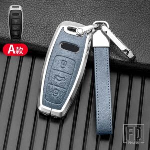 アウディ 合金 + レザーキーケースカバー A6 C8 A7 A8 Q8 2018 2019 インテリアアクセサリーキーリングキーホルダー - Silver Blue