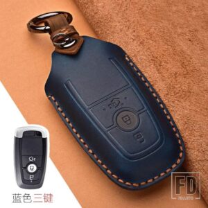 フォード クレイジーホース革キーケースマスタング 2018 ECOSPORT リモート FOB シェルカバーキーバッグキーホルダーオートアクセサリー - 3 Button Blue B