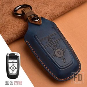フォード クレイジーホース革キーケースマスタング 2018 ECOSPORT リモート FOB シェルカバーキーバッグキーホルダーオートアクセサリー - 4 Button Blue A