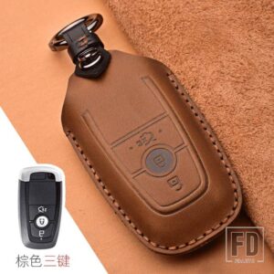フォード クレイジーホース革キーケースマスタング 2018 ECOSPORT リモート FOB シェルカバーキーバッグキーホルダーオートアクセサリー - 3 Button Brown B