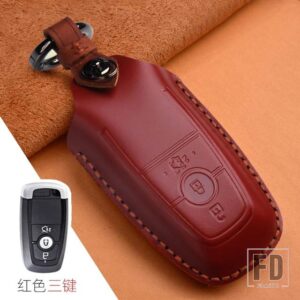 フォード クレイジーホース革キーケースマスタング 2018 ECOSPORT リモート FOB シェルカバーキーバッグキーホルダーオートアクセサリー - 3 Button Red B