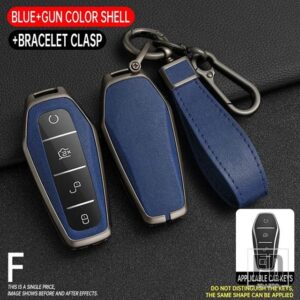合金 + PU レザーキーケース ATTO 3 ハン EV ドルフィン 4ボタン リモコンカバー自動車アクセサリー - Grey Blue 1 PC